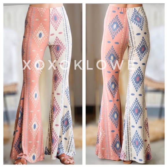 Aztec Print Half & Half Bell Bottom Flares High Waist Slim Fit - Picture 3 of 15